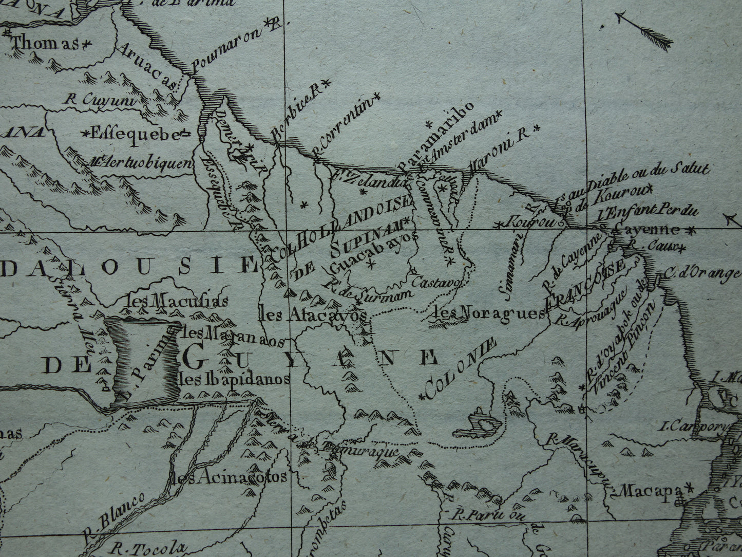 VENEZUELA Old map of northern South America with Suriname Original vintage French Bonne map from 1784 Colombia