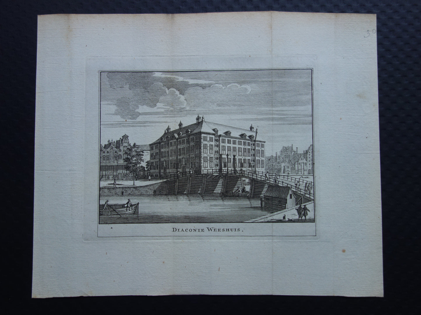 Old print of Diaconie-Weeshuis in Amsterdam Original antique engraving corner Zwanenburgwal Amstel Stopera Historical cityscape Vintage Print