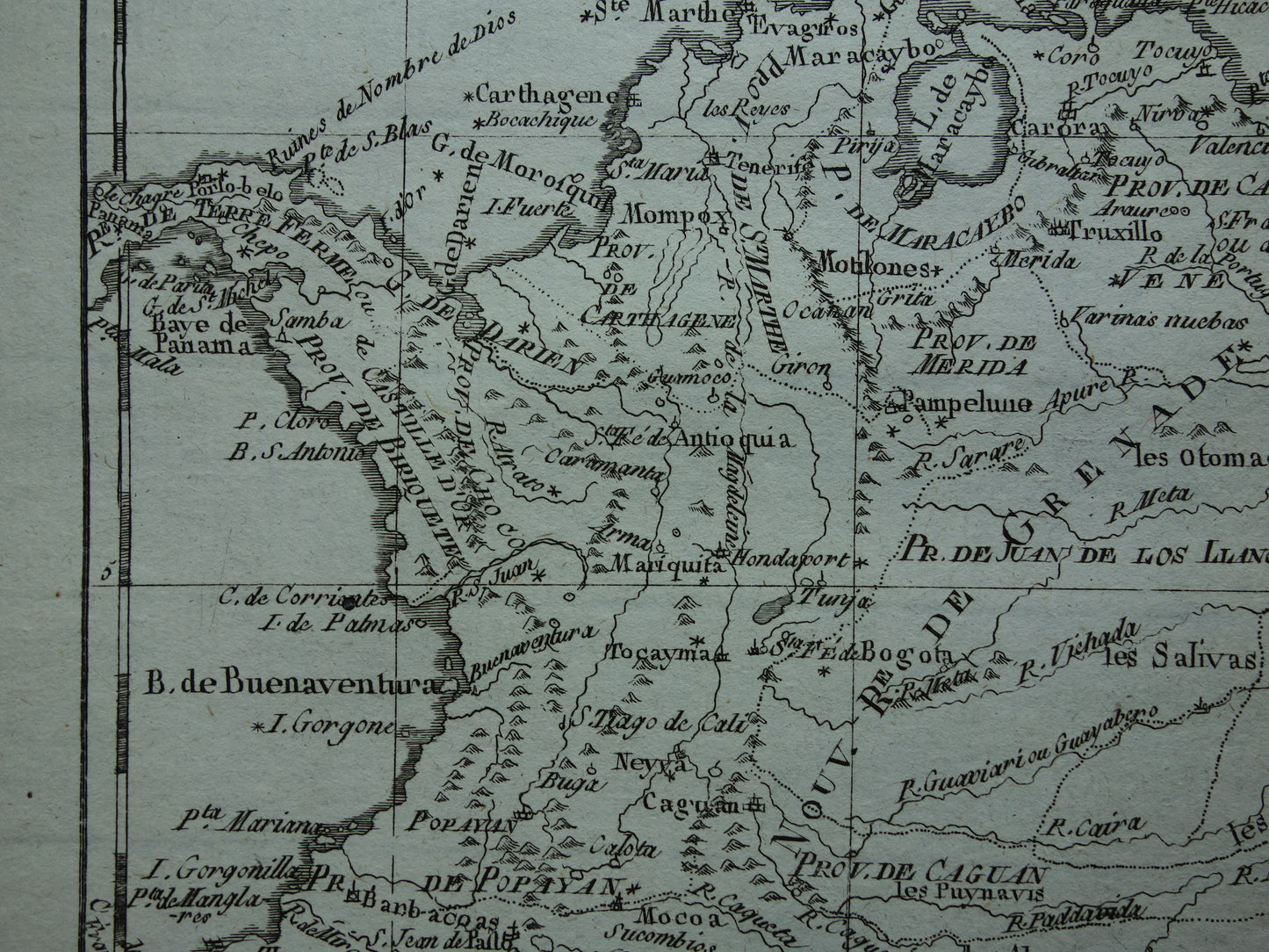 VENEZUELA Old map of northern South America with Suriname Original vintage French Bonne map from 1784 Colombia