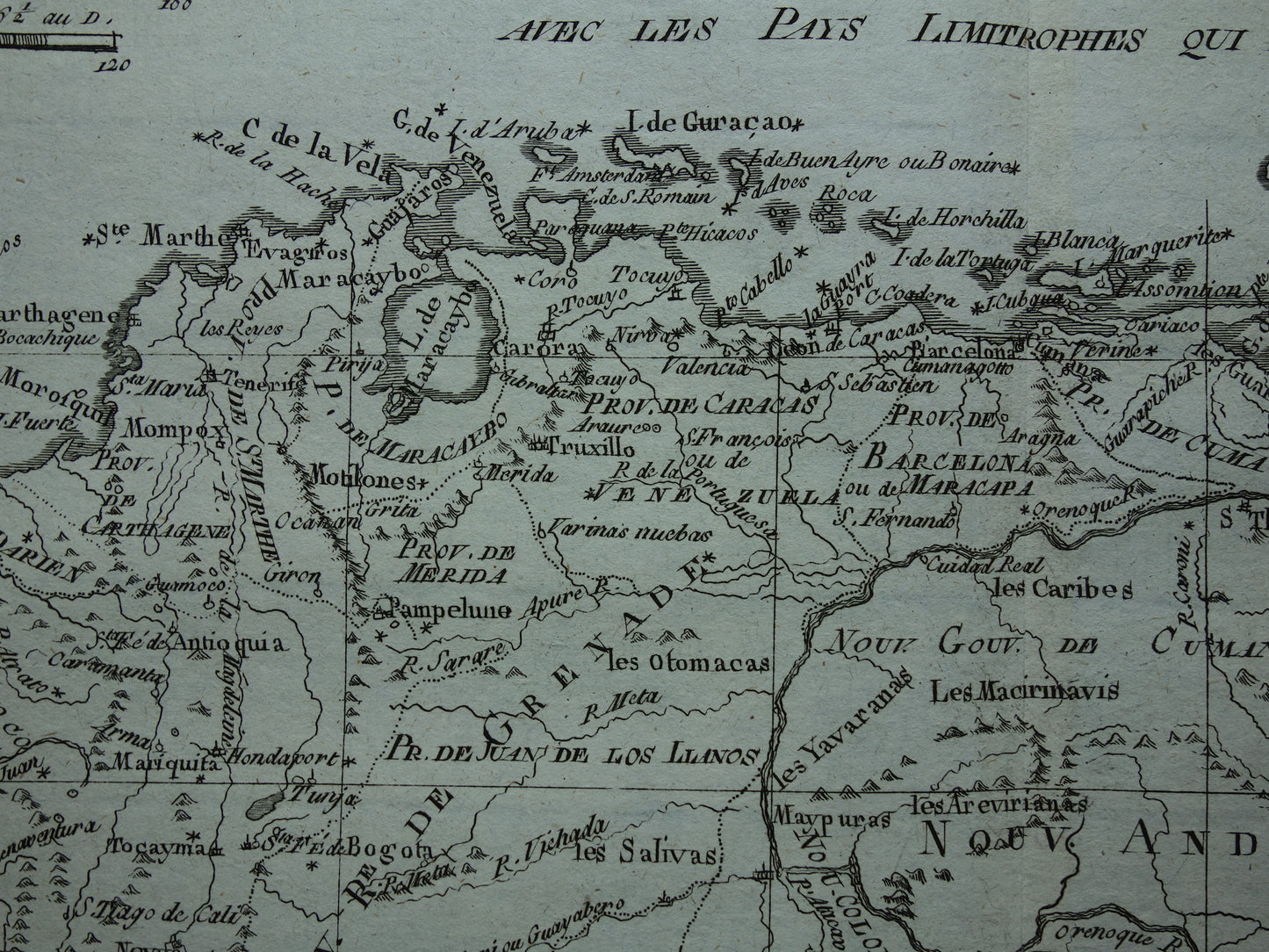 VENEZUELA Old map of northern South America with Suriname Original vintage French Bonne map from 1784 Colombia