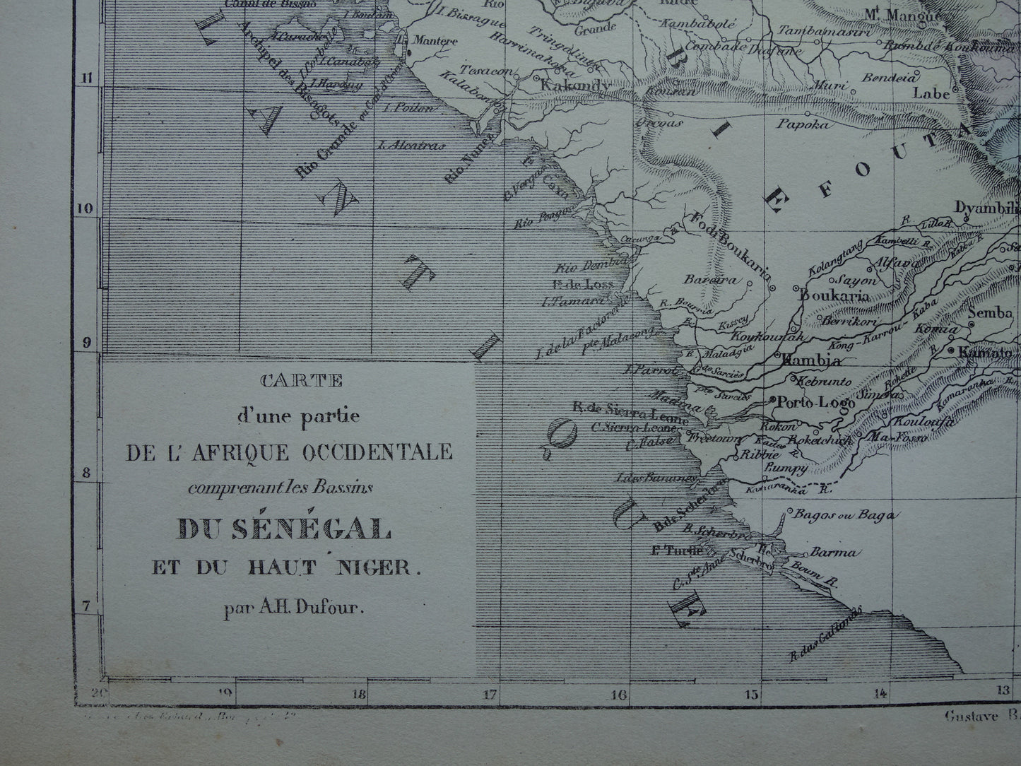 West Africa antique map - Hand-colored old French map of Gambia Mali Senegal Guinea