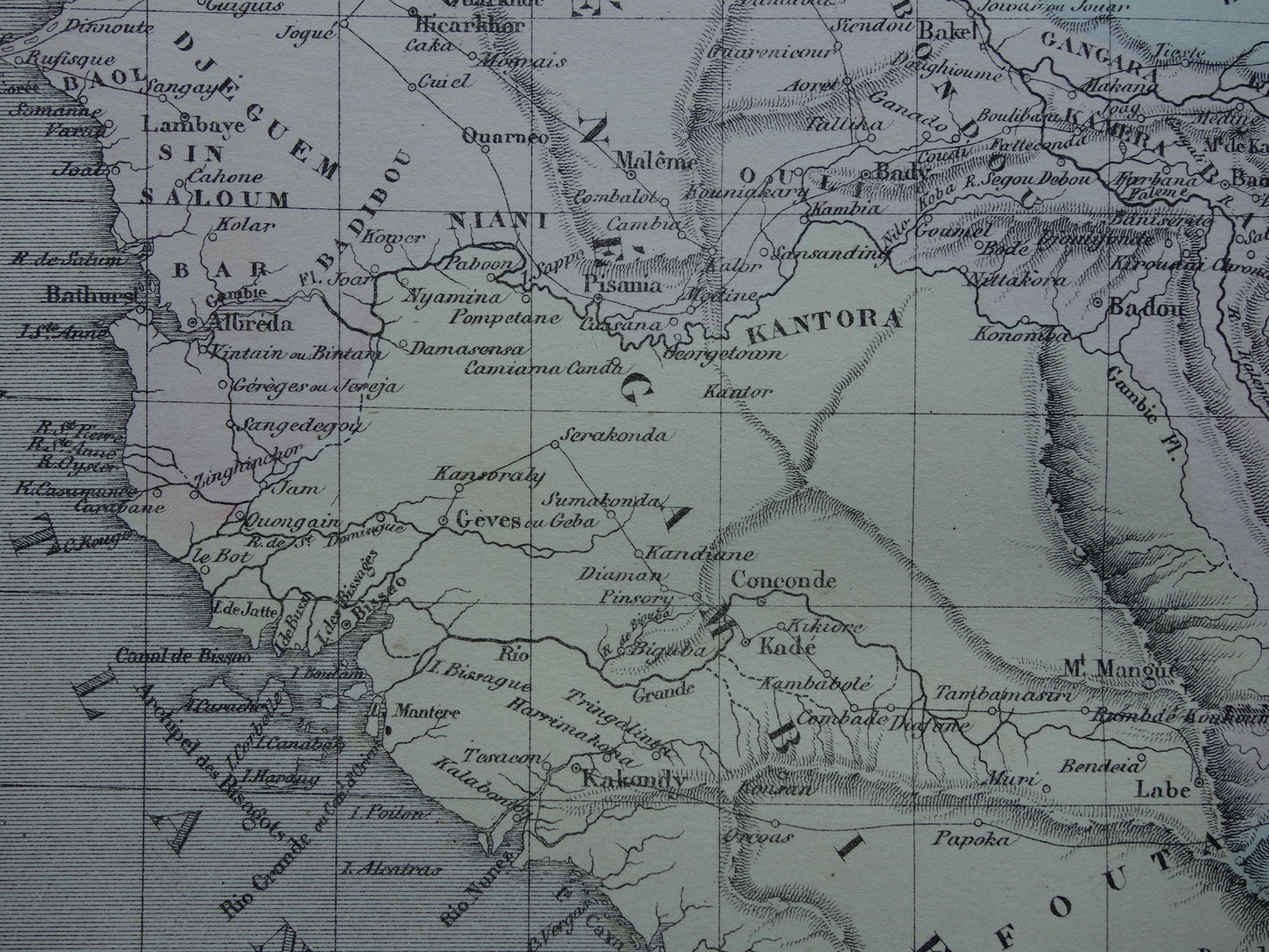 West Africa antique map - Hand-colored old French map of Gambia Mali Senegal Guinea