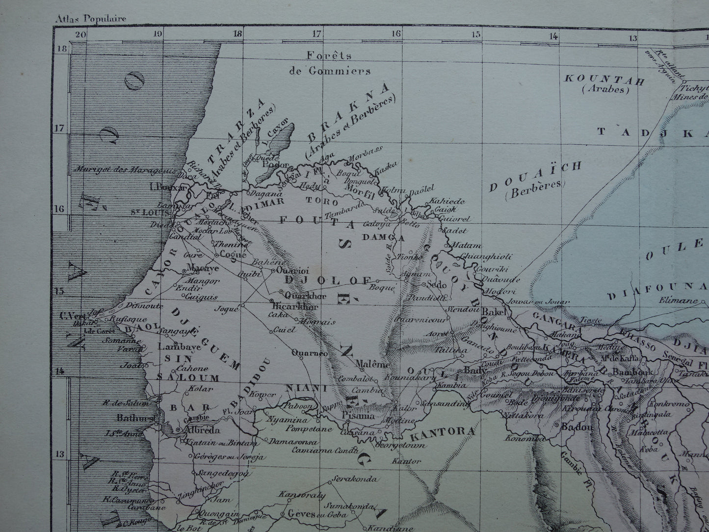 West Africa antique map - Hand-colored old French map of Gambia Mali Senegal Guinea