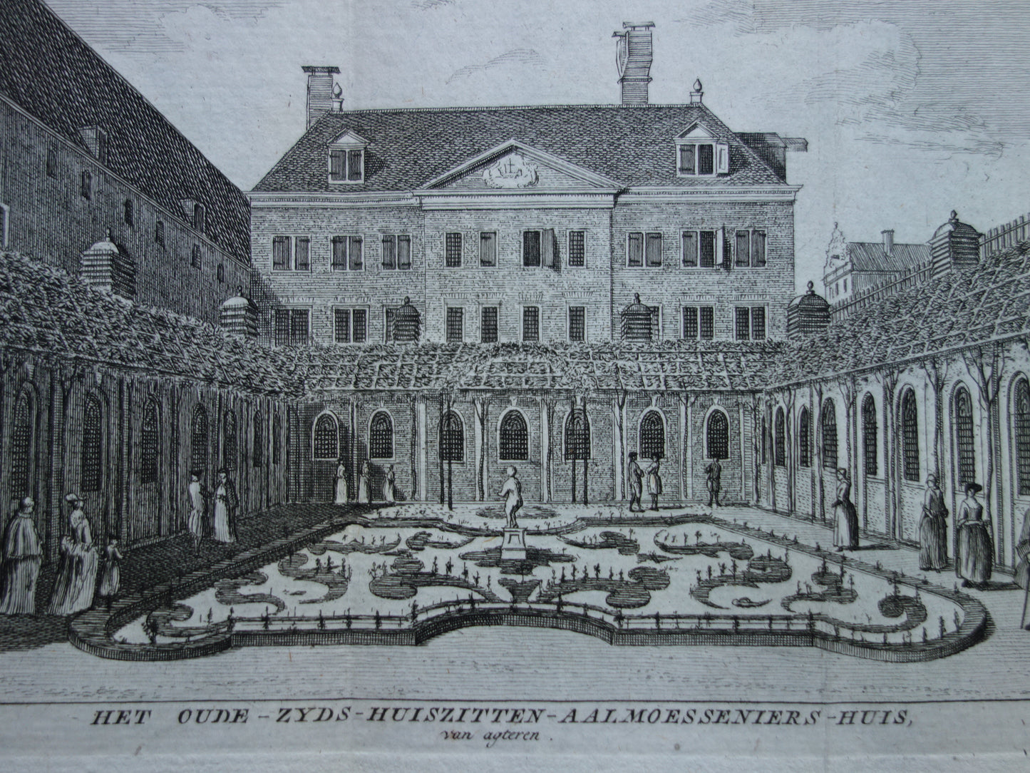 Old print of Oudezijds Huiszittinghuis / Academy of Architecture in Amsterdam Original antique engraving Huiszittingaalmoerenhuis Waterlooplein Historic cityscape Vintage Print