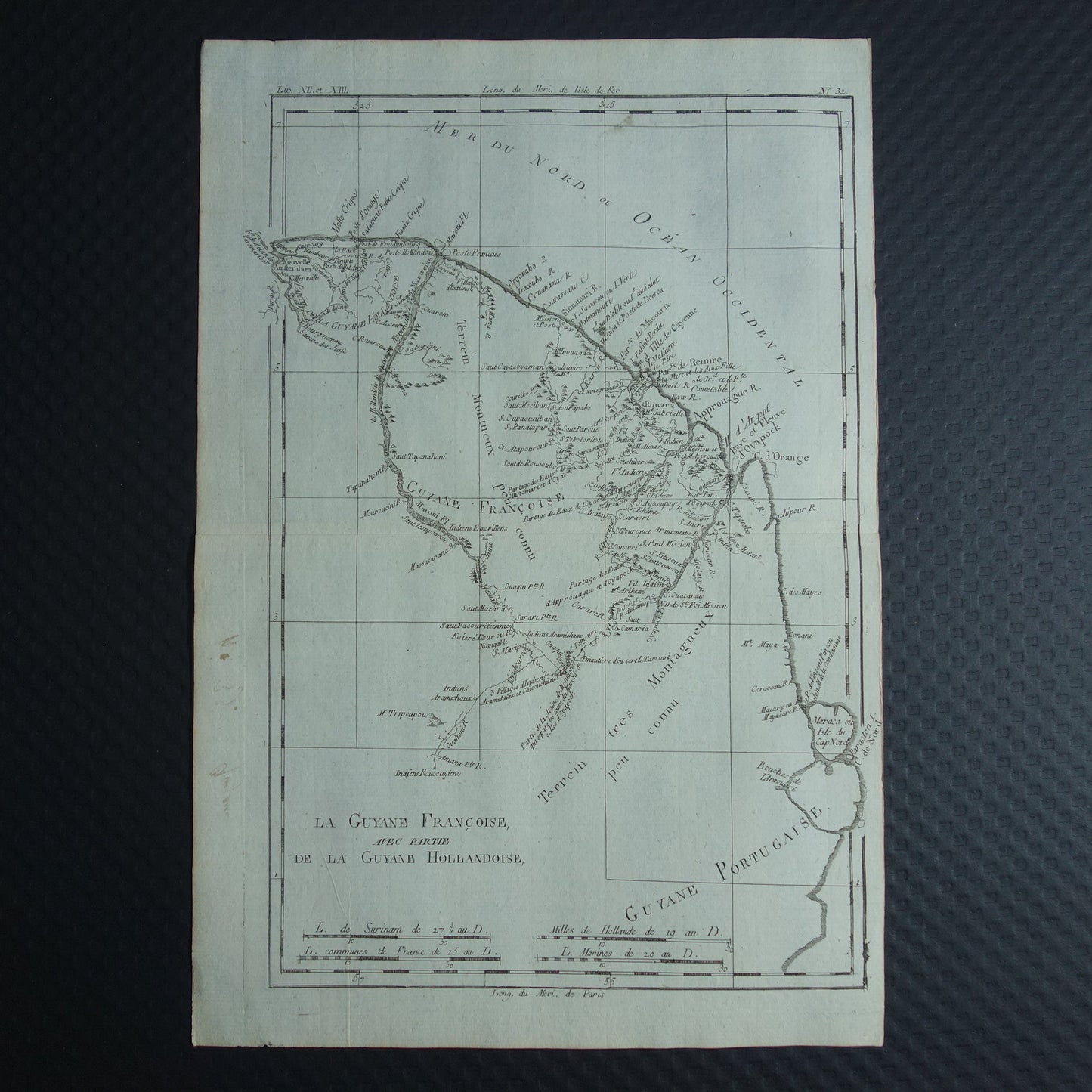 FRANS-GUYANA Oude landkaart van Frans-Guyana met Suriname Originele vintage Franse Bonne kaart uit 1784