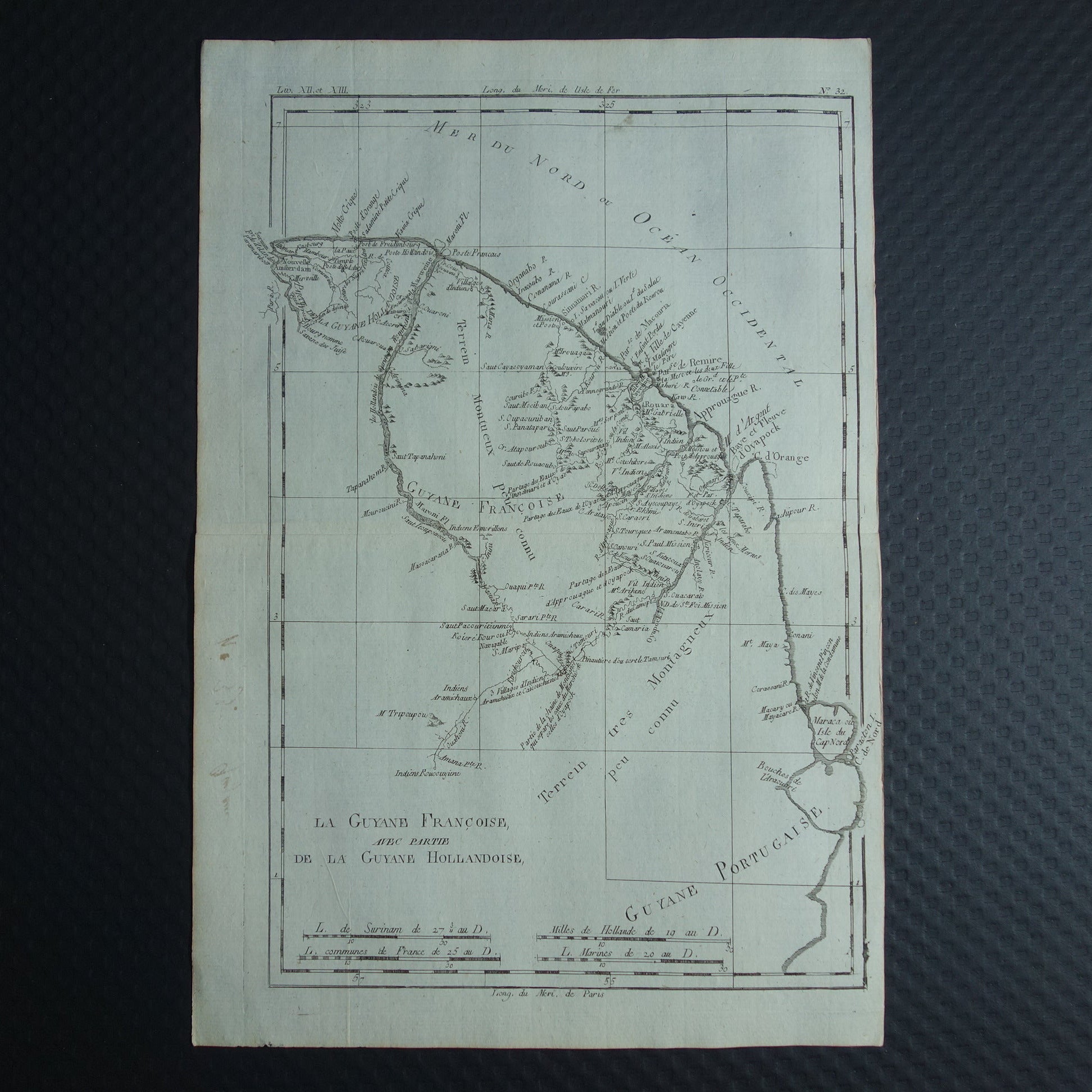 FRANS-GUYANA Oude landkaart van Frans-Guyana met Suriname Originele vintage Franse Bonne kaart uit 1784