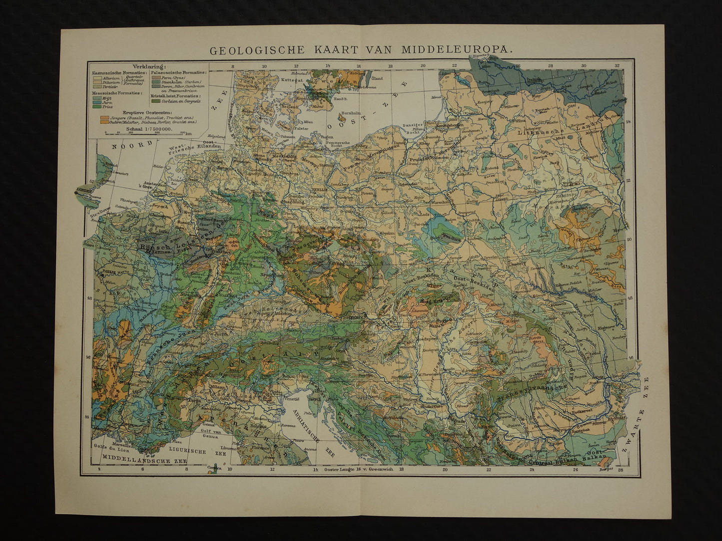 Old geological map of Central Europe Original antique geology map time scale formations vintage maps