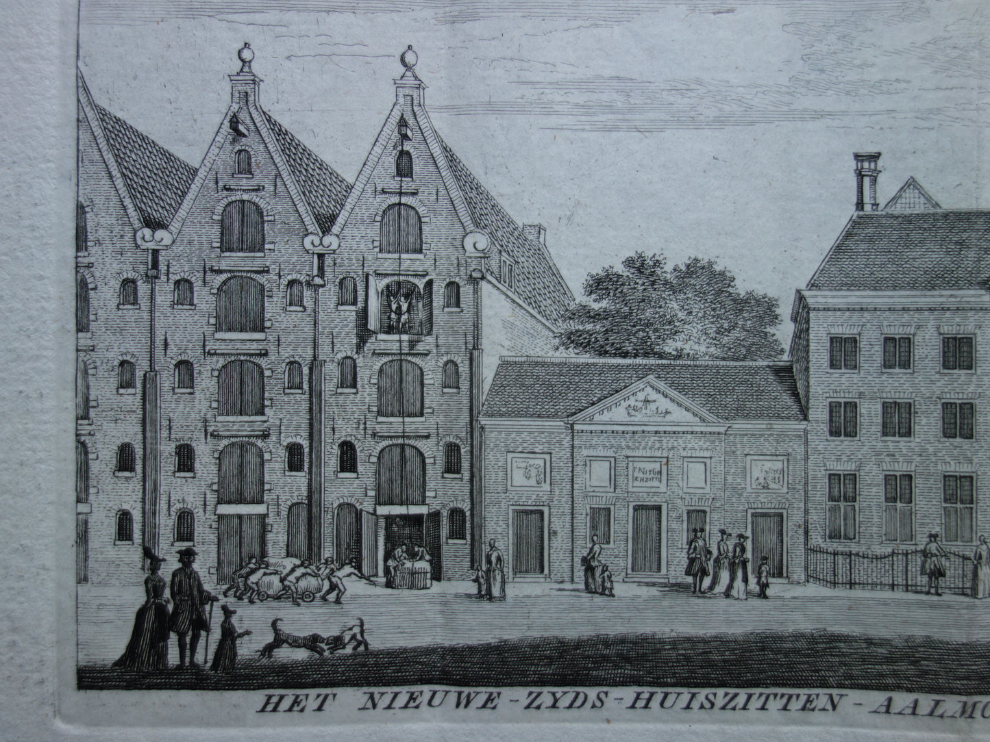 Old print of Nieuwezijds Huiszittenhuis in Amsterdam Original antique engraving Prinsengracht 235-237 Historical cityscape Vintage Print