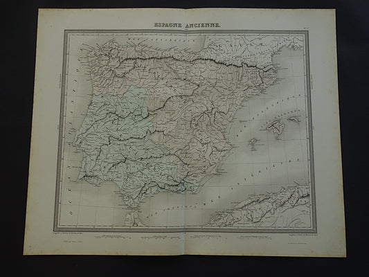 Oude landkaart van Spanje & Portugal in de klassieke oudheid - antieke kaart uit 1858 - geschiedeniskaar tmet Latijnse namen