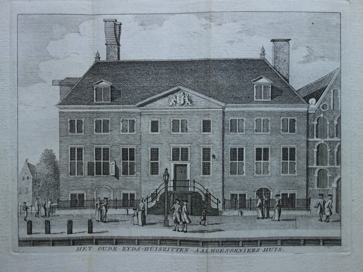 Antique print of Academy of Architecture / Oudezijds Huiszittinghuis in Amsterdam Original antique engraving Huiszittingaalmoerenhuis Waterlooplein Historic cityscape Vintage Print