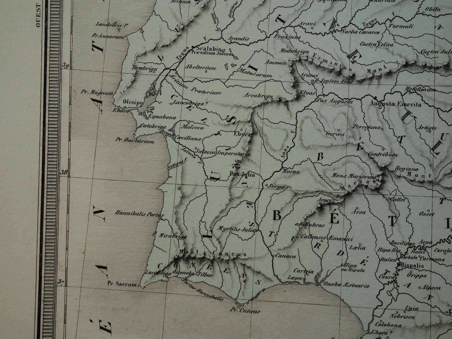 Old map of Spain &amp; Portugal in classical antiquity - antique map from 1858 - history map with Latin names