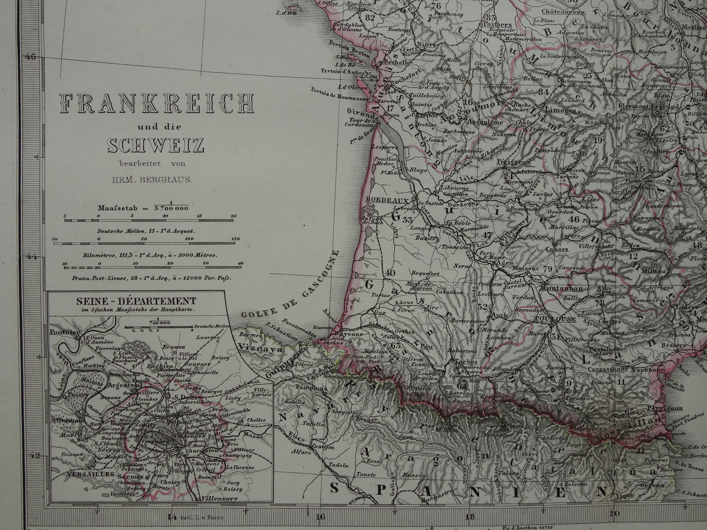FRANCE old map of France 1877 original antique map/poster with date