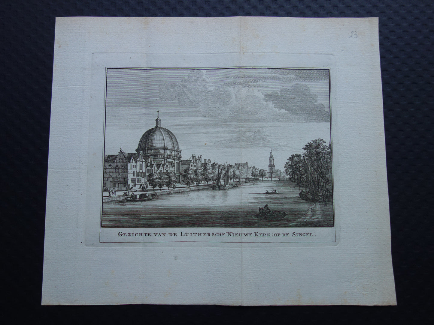 Antique print of Het Singel in Amsterdam Original old engraving Round Lutheran Church Dome Church Historic cityscape Vintage Print