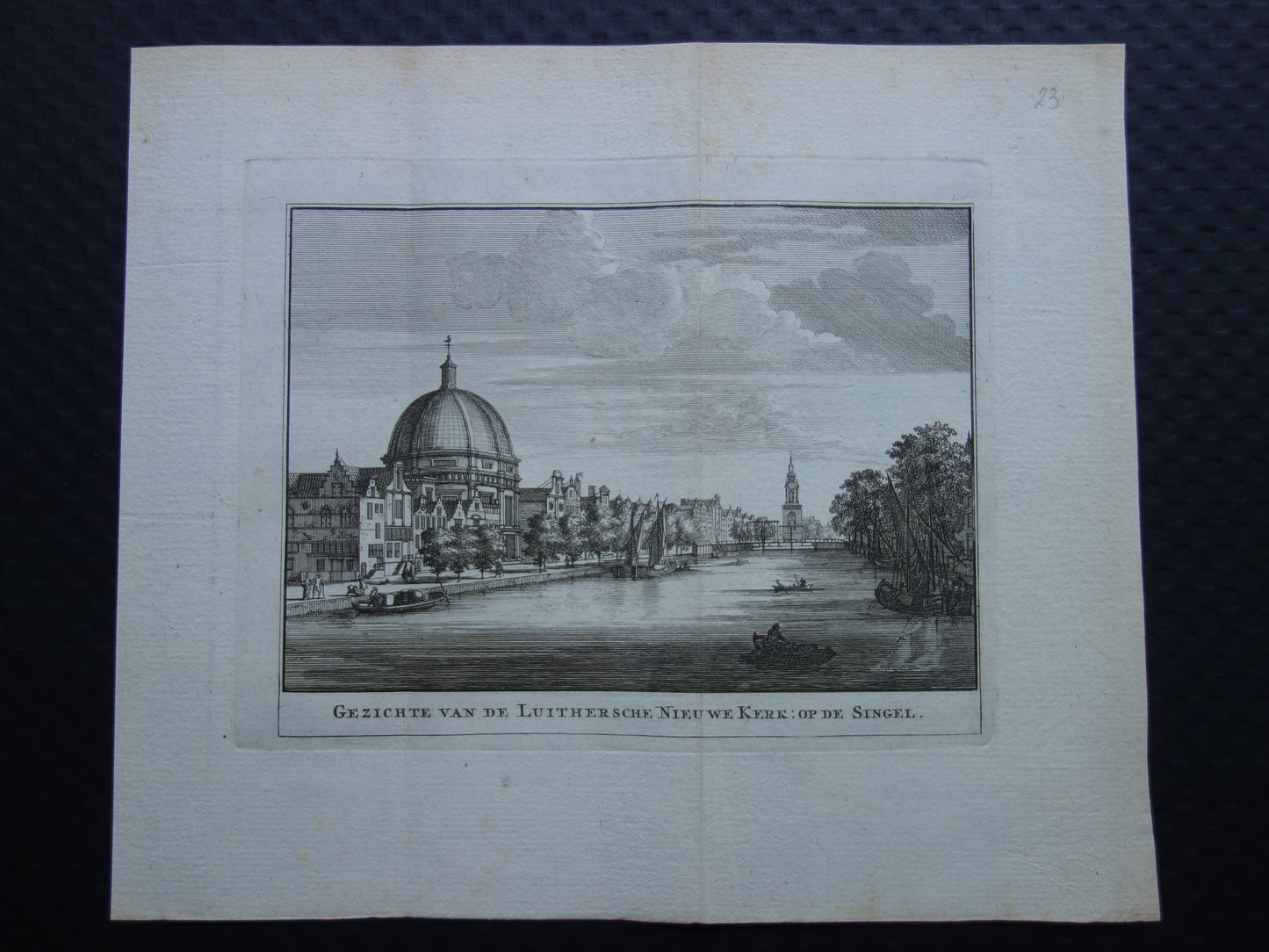 Antique print of Het Singel in Amsterdam Original old engraving Round Lutheran Church Dome Church Historic cityscape Vintage Print