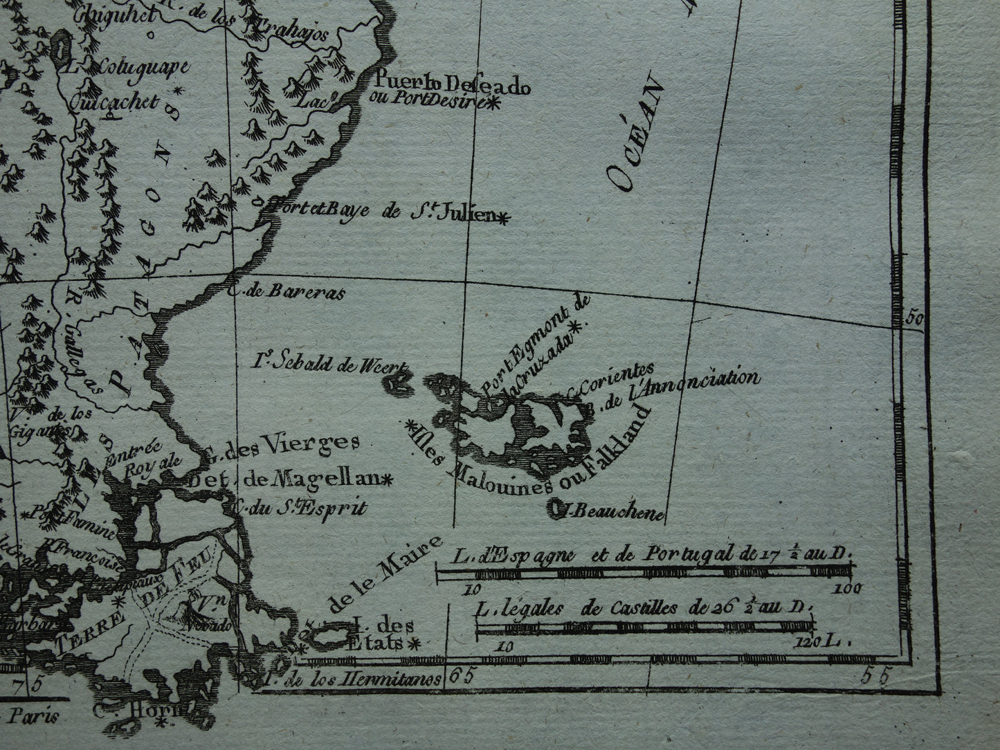 CHILE &amp; ARGENTINA Old map Original vintage French Bonne map from 1784
