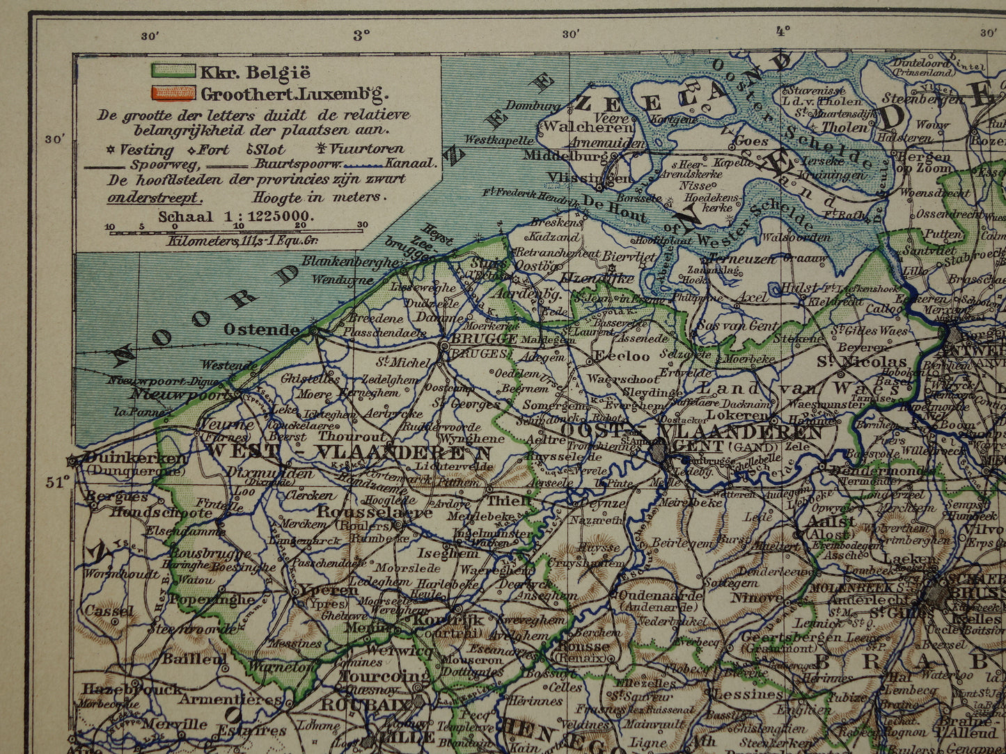 Oude kaart van België uit 1906 originele antieke Nederlandse landkaart van België