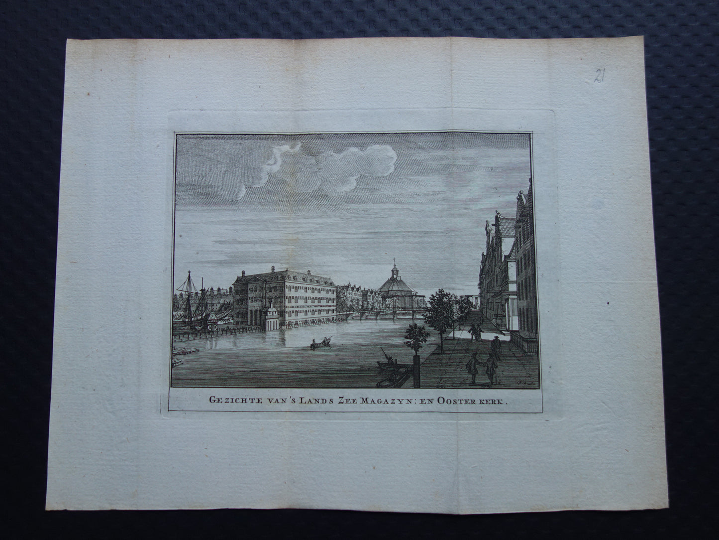 Admiralty Warehouse and Eastern Church Amsterdam Old print 1770 Original antique engraving Historical cityscape Vintage Print View of the Netherlands' naval warehouse and eastern church.