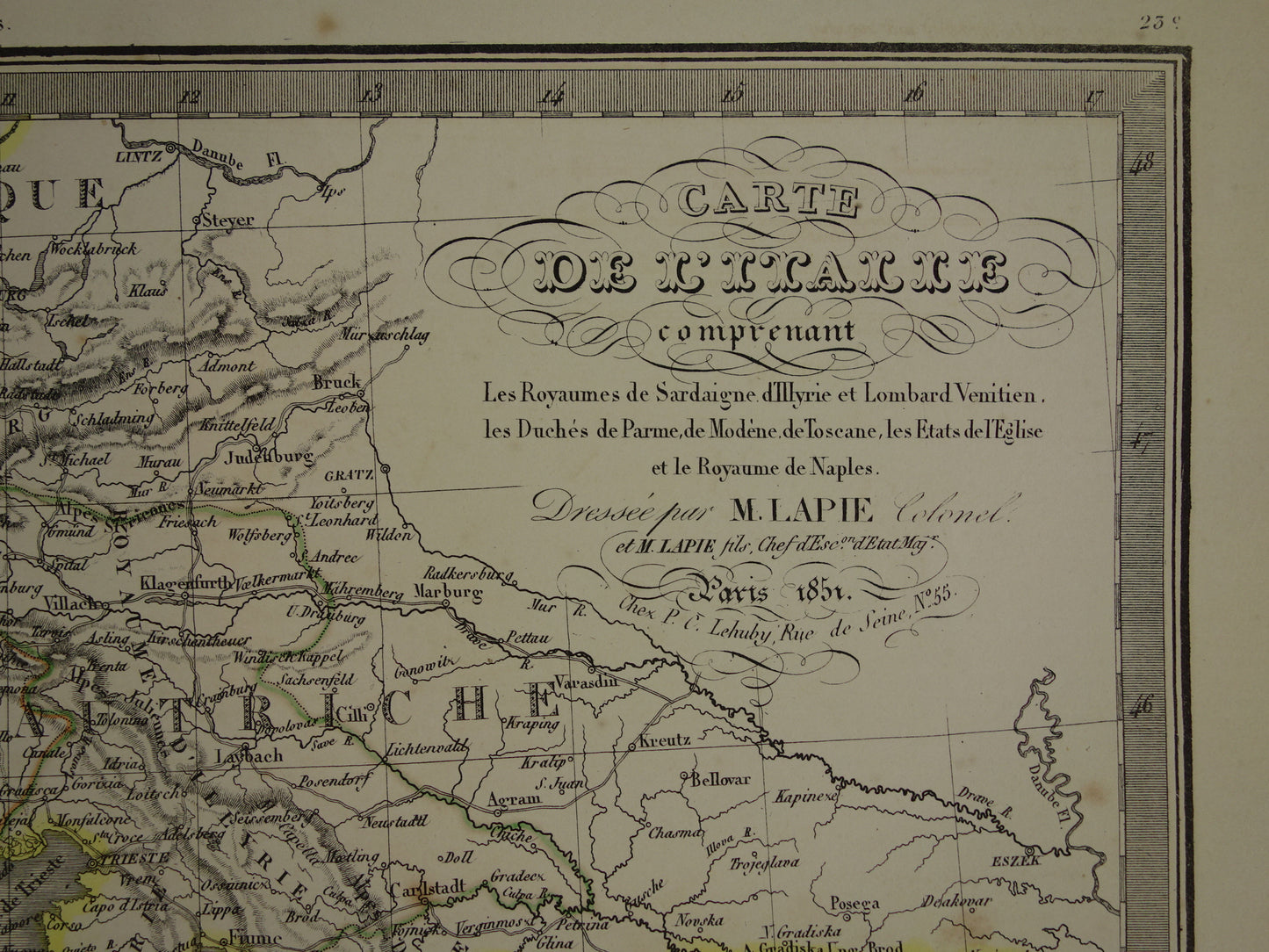 Grote oude landkaart van Italië 1851 originele antieke kaart van Italië met jaartal 50 x 66 te koop vintage poster
