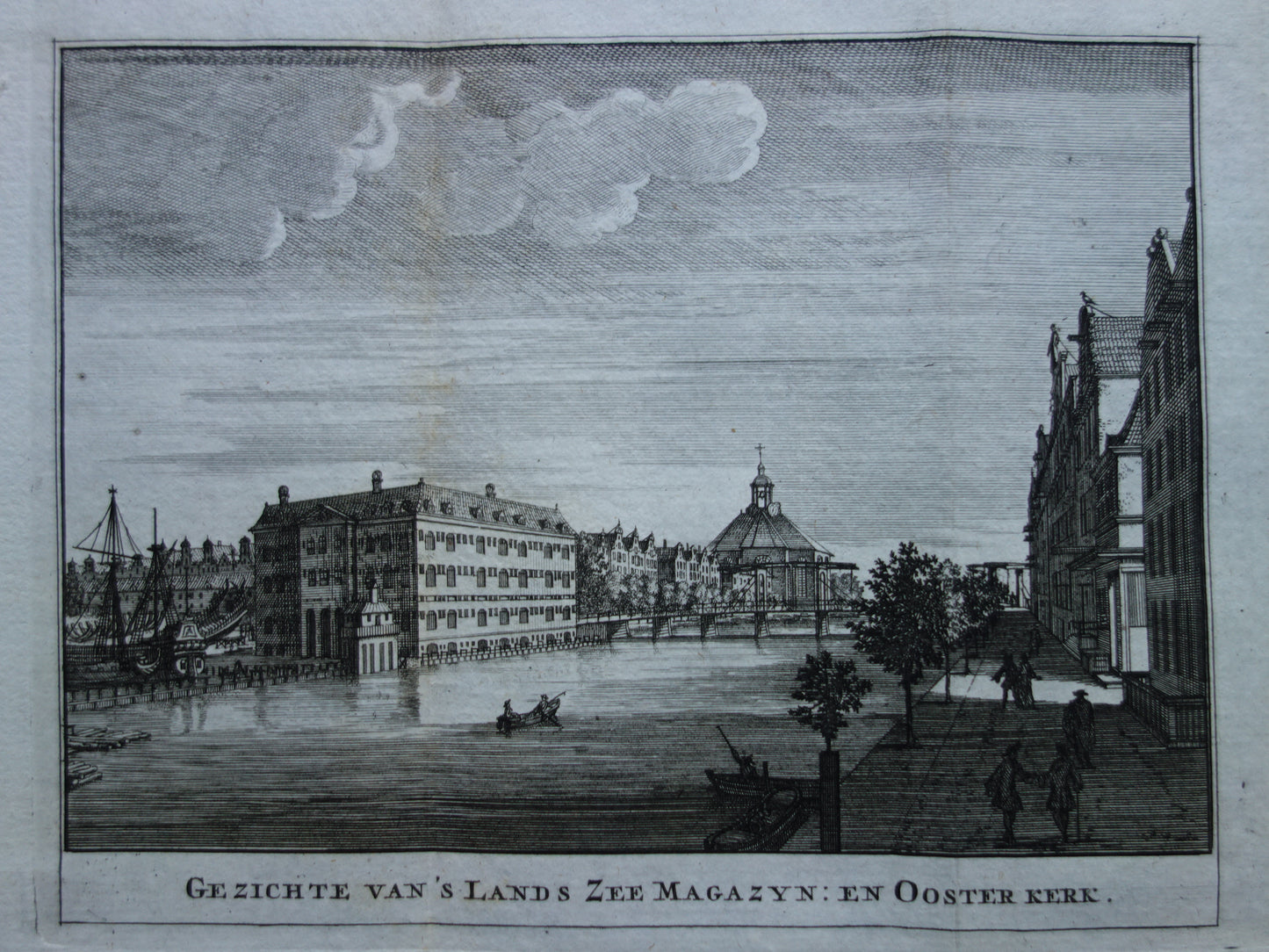 Admiralty Warehouse and Eastern Church Amsterdam Old print 1770 Original antique engraving Historical cityscape Vintage Print View of the Netherlands' naval warehouse and eastern church.