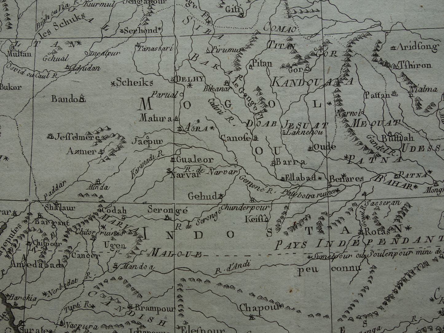 Antike Karte von Nordindien und Nepal aus dem Jahr 1780, originale alte Karte, Vintage-Ganges-Druck