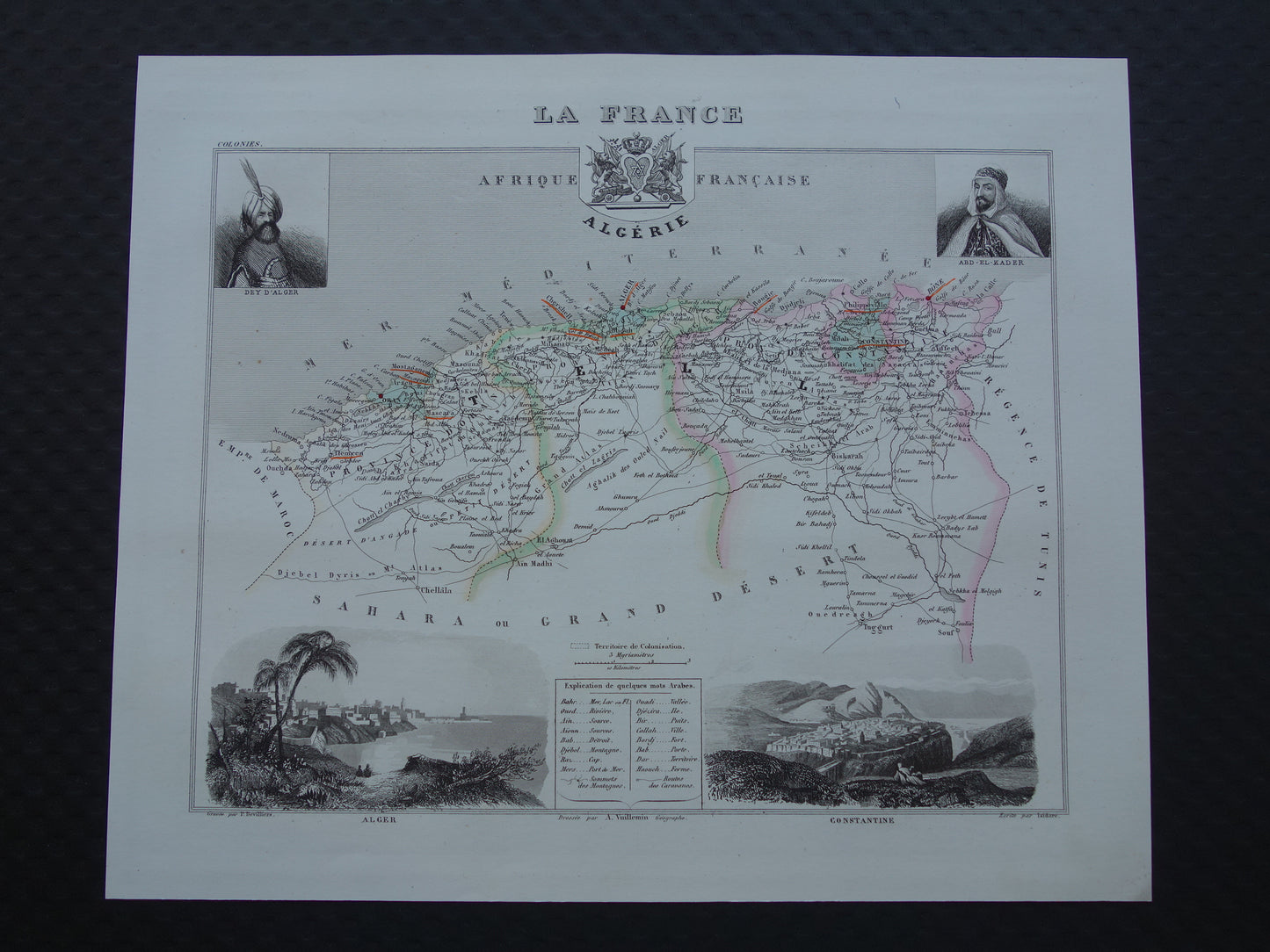Map of Algeria from 1856 - original 170+ year old hand-colored French map of Algeria