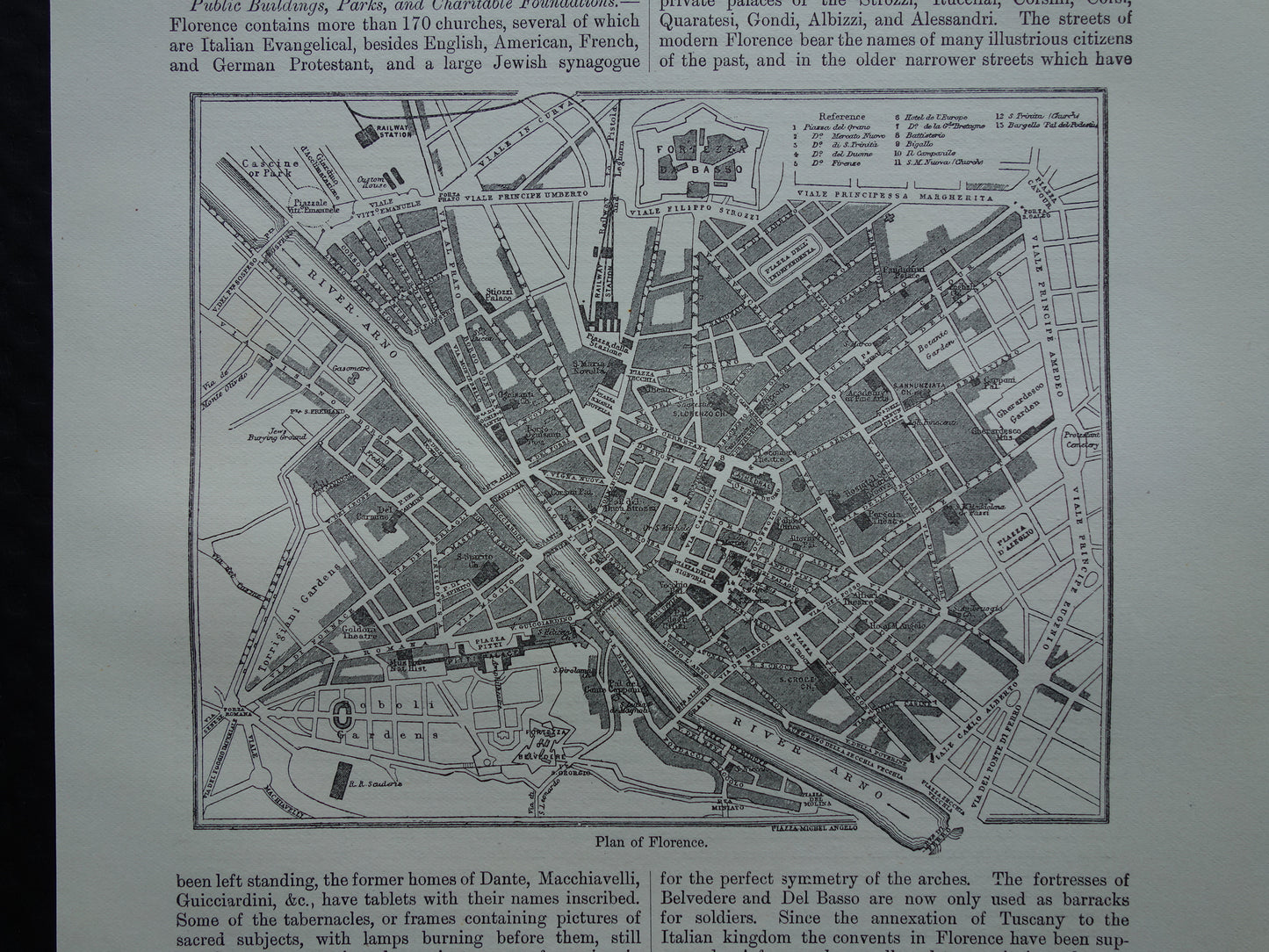 Florence kleine antieke plattegrond uit 1879 jaar oude Engelse kaart