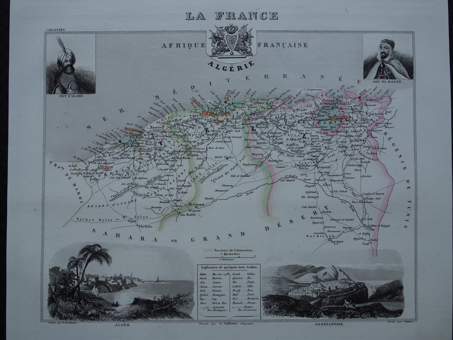 Landkaart van Algerije uit 1856 - originele 170+ jaar oude handgekleurde Franse kaart van Algerije