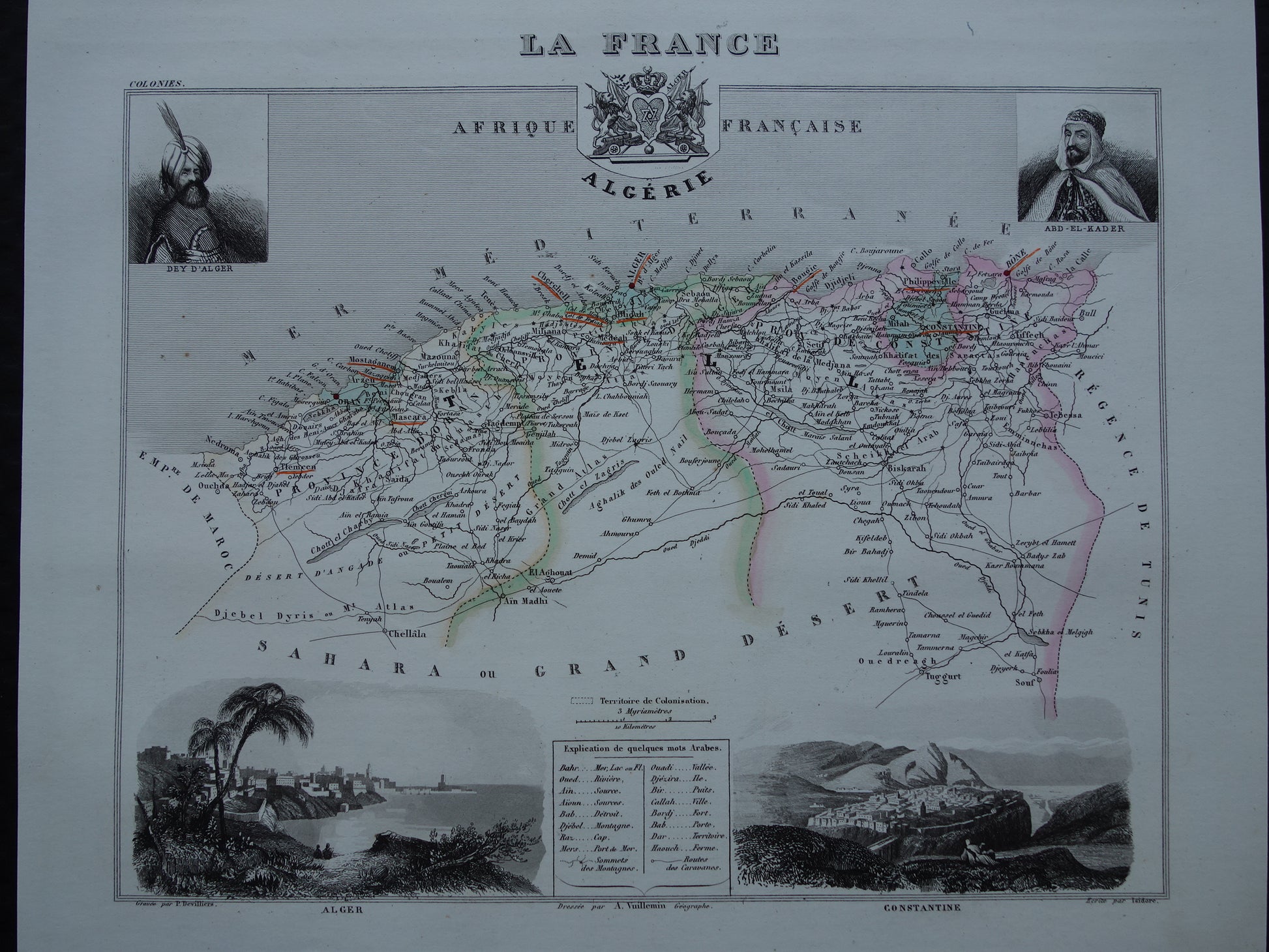 Landkaart van Algerije uit 1856 - originele 170+ jaar oude handgekleurde Franse kaart van Algerije