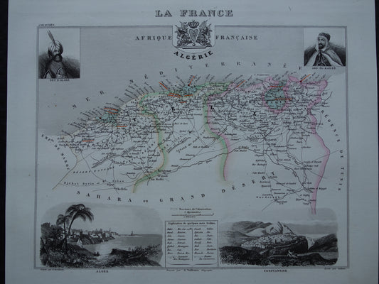 Landkaart van Algerije uit 1856 - originele 170+ jaar oude handgekleurde Franse kaart van Algerije