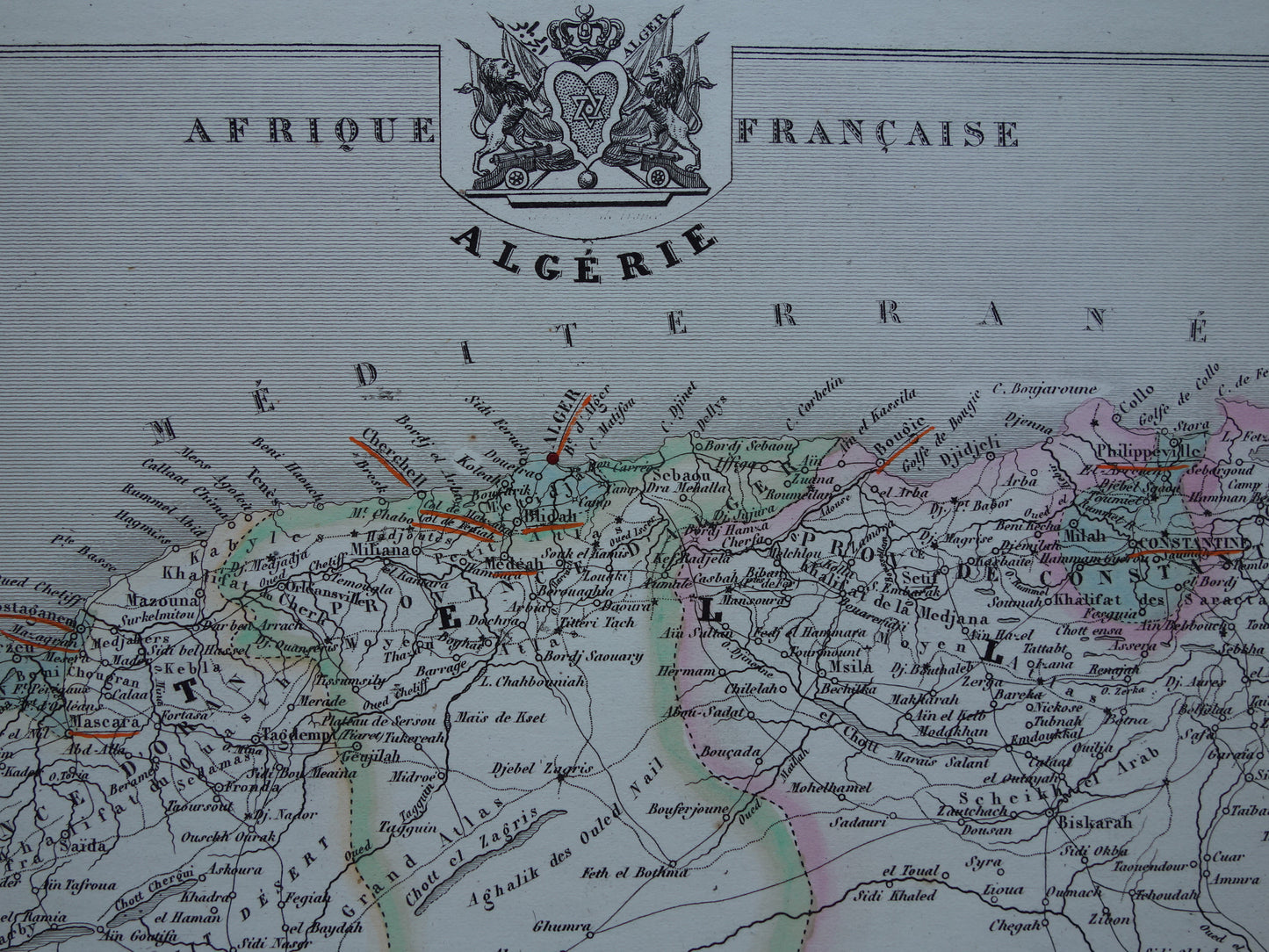 Map of Algeria from 1856 - original 170+ year old hand-colored French map of Algeria