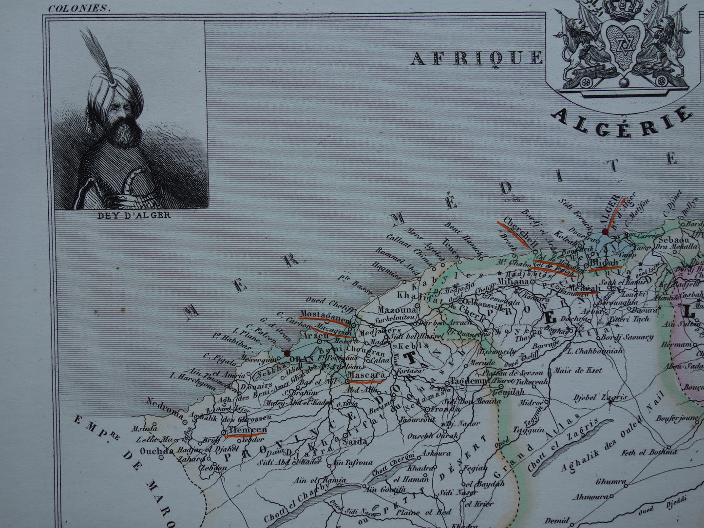 Map of Algeria from 1856 - original 170+ year old hand-colored French map of Algeria