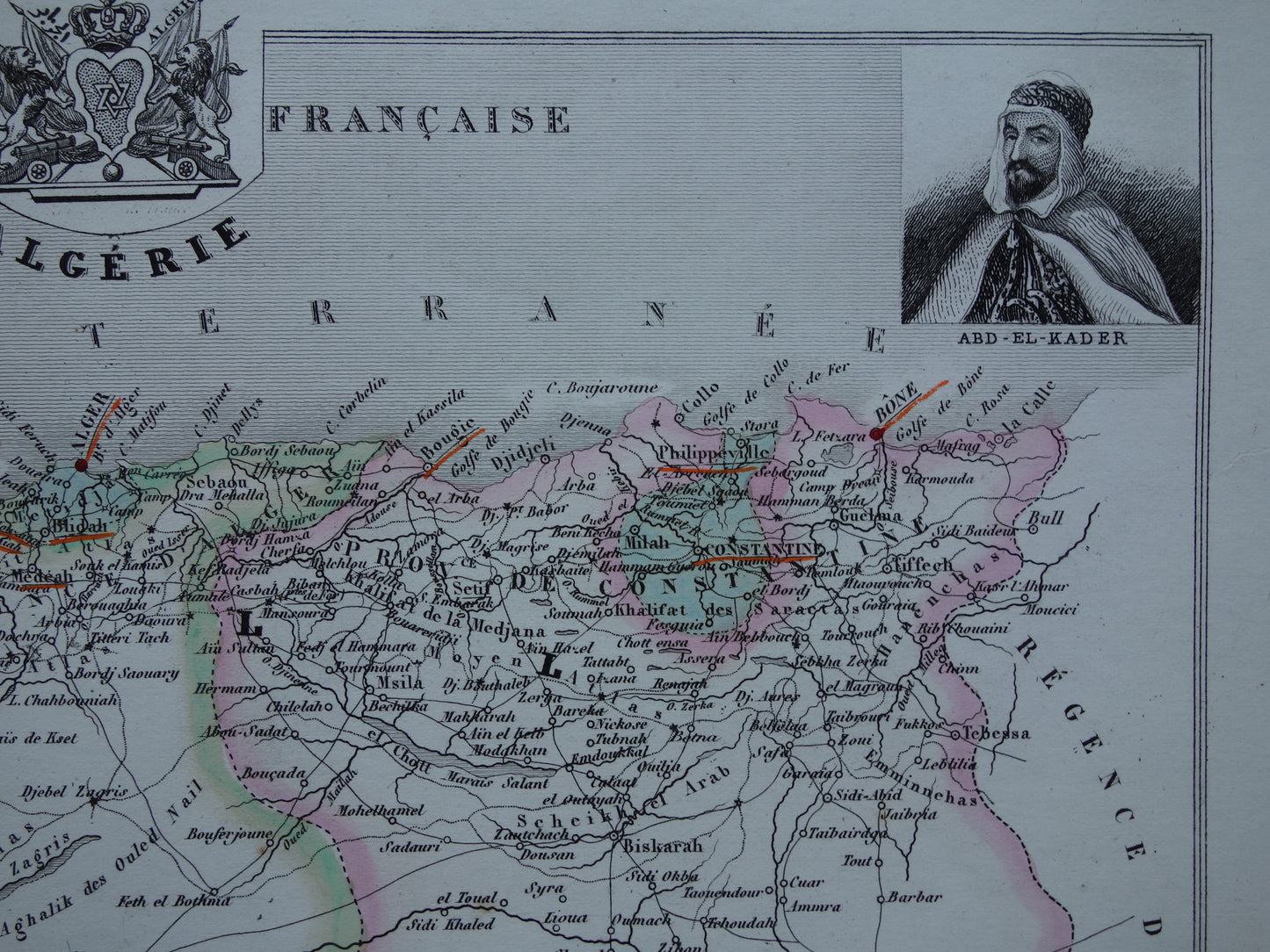 Map of Algeria from 1856 - original 170+ year old hand-colored French map of Algeria