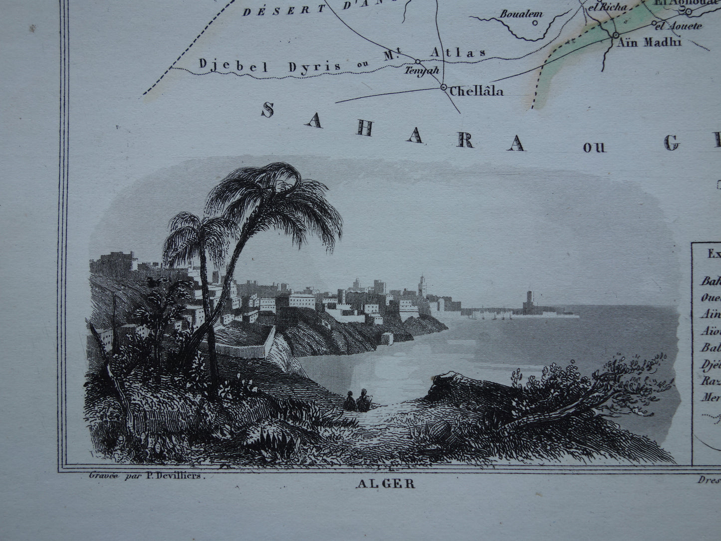 Map of Algeria from 1856 - original 170+ year old hand-colored French map of Algeria