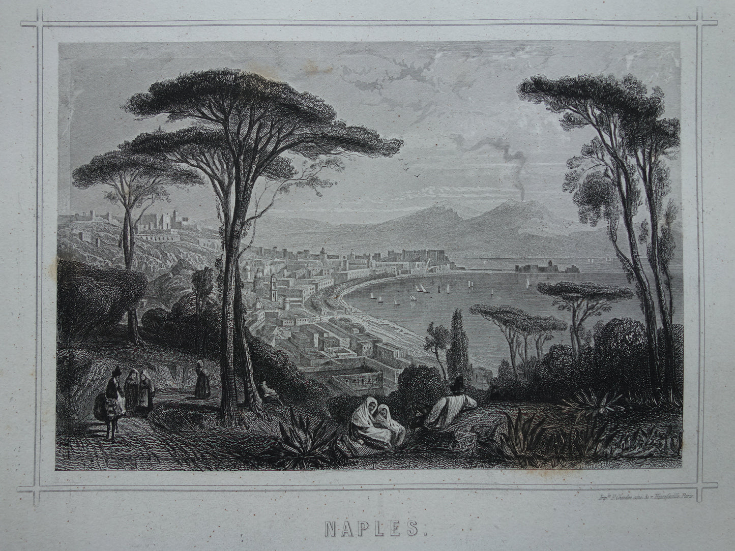 Stadsgezicht van Napels uit 1852 antieke print Napoli
