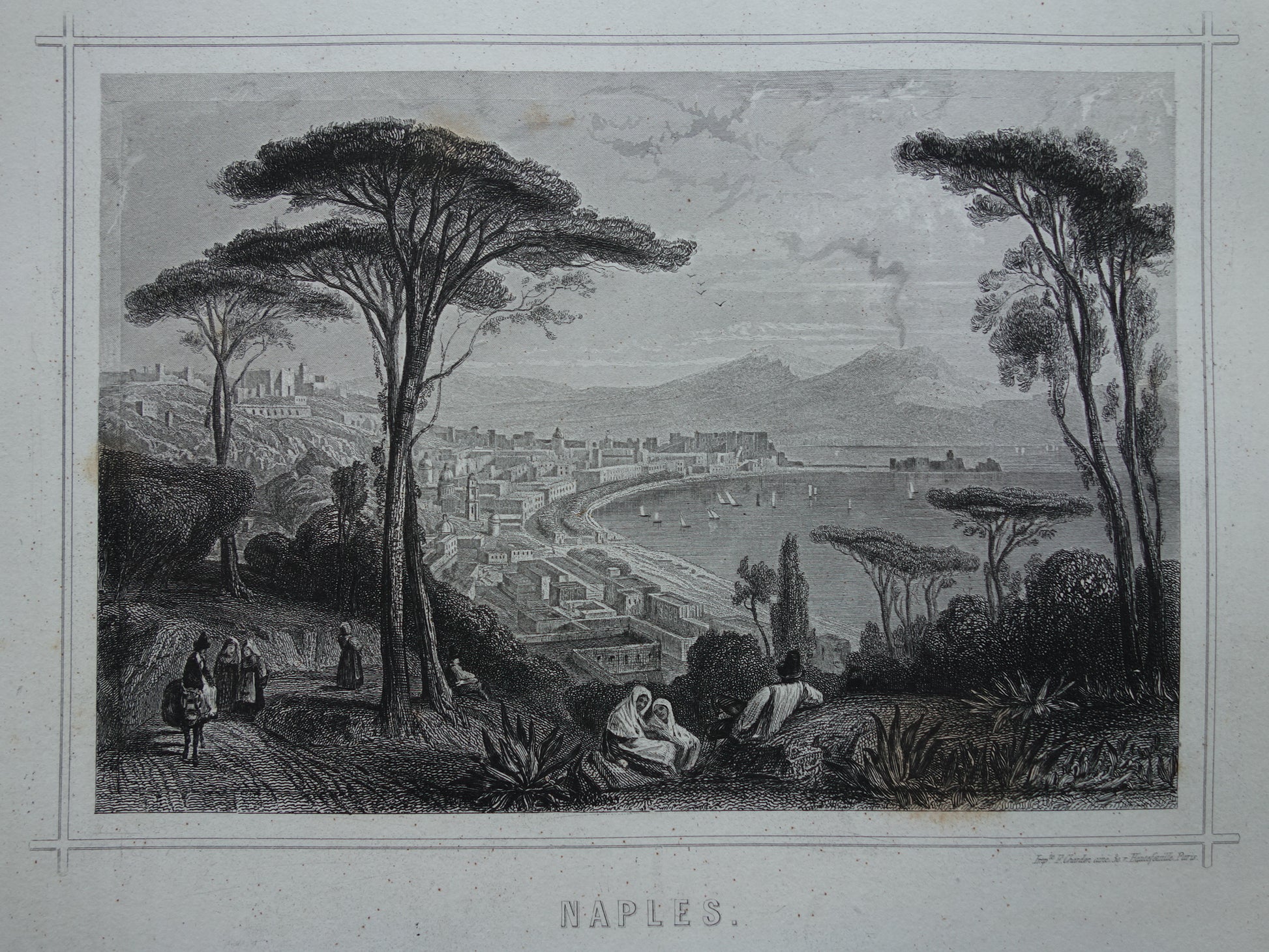 Stadsgezicht van Napels uit 1852 antieke print Napoli
