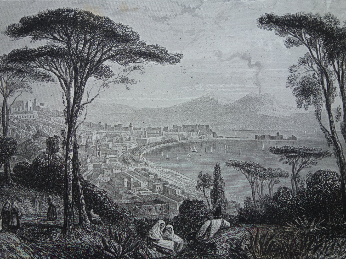Cityscape of Naples from 1852 antique print Napoli