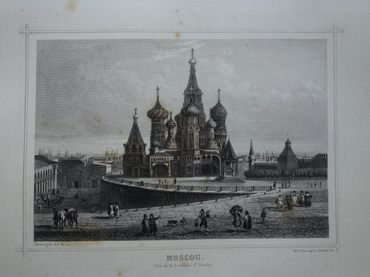 Stadsgezicht van Moskou uit 1852 antieke print Basiliuskathedraal