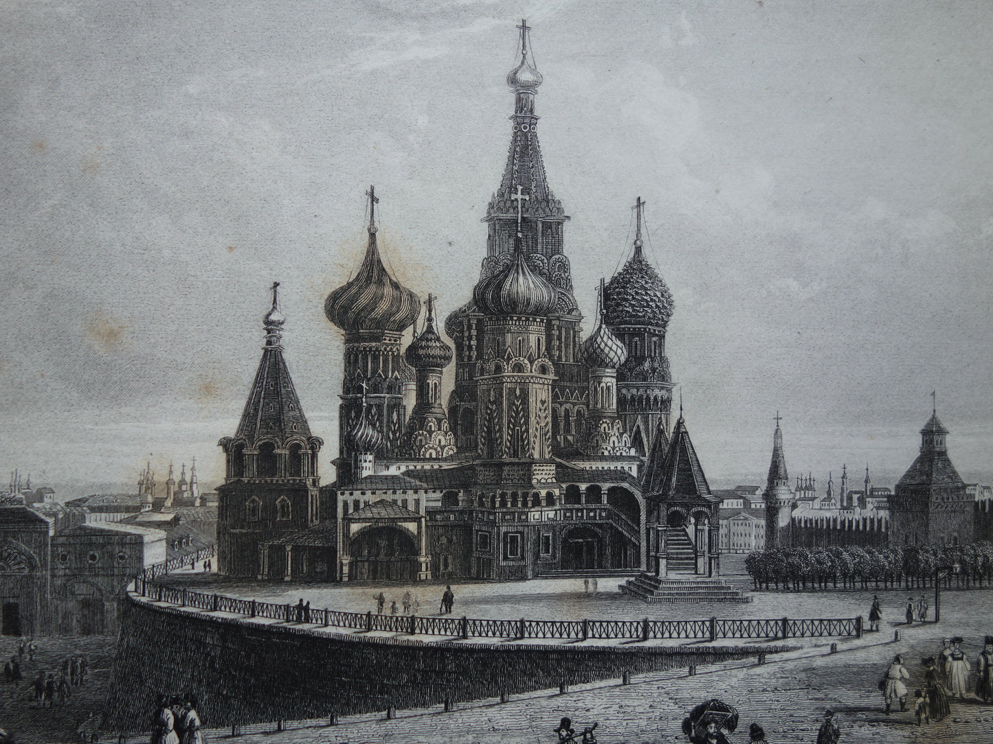 Stadsgezicht van Moskou uit 1852 antieke print Basiliuskathedraal