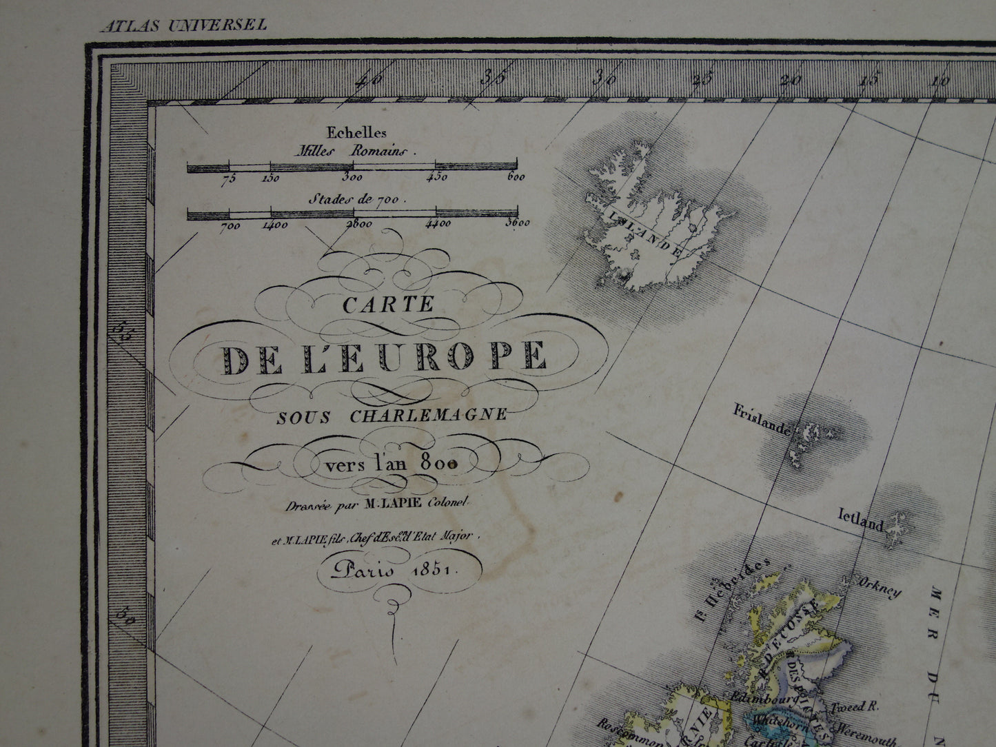 Antique map of Europe at the time of Charlemagne in the year 800 and Emperor Charles V in the year 1500 - original old map from 1851