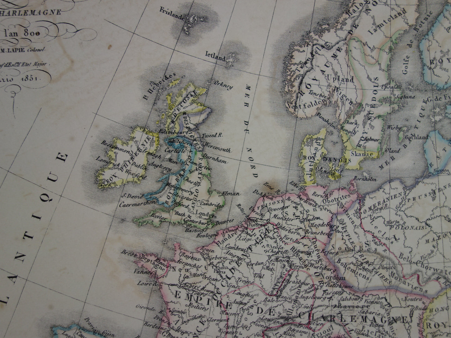 Antique map of Europe at the time of Charlemagne in the year 800 and Emperor Charles V in the year 1500 - original old map from 1851