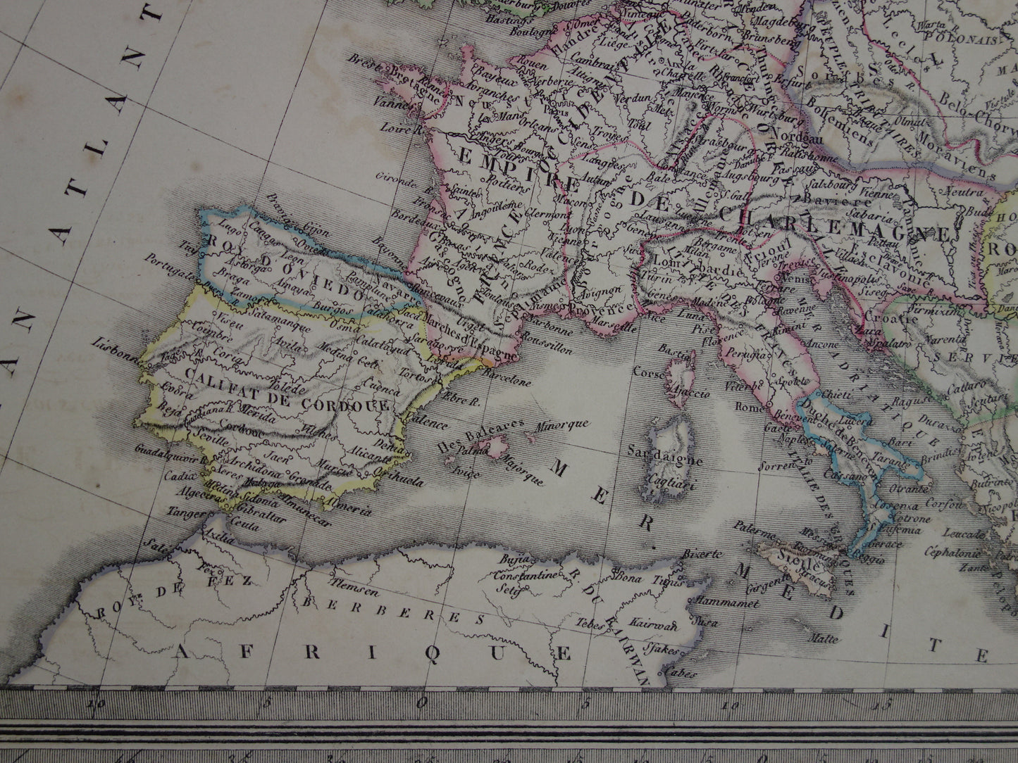 Antique map of Europe at the time of Charlemagne in the year 800 and Emperor Charles V in the year 1500 - original old map from 1851