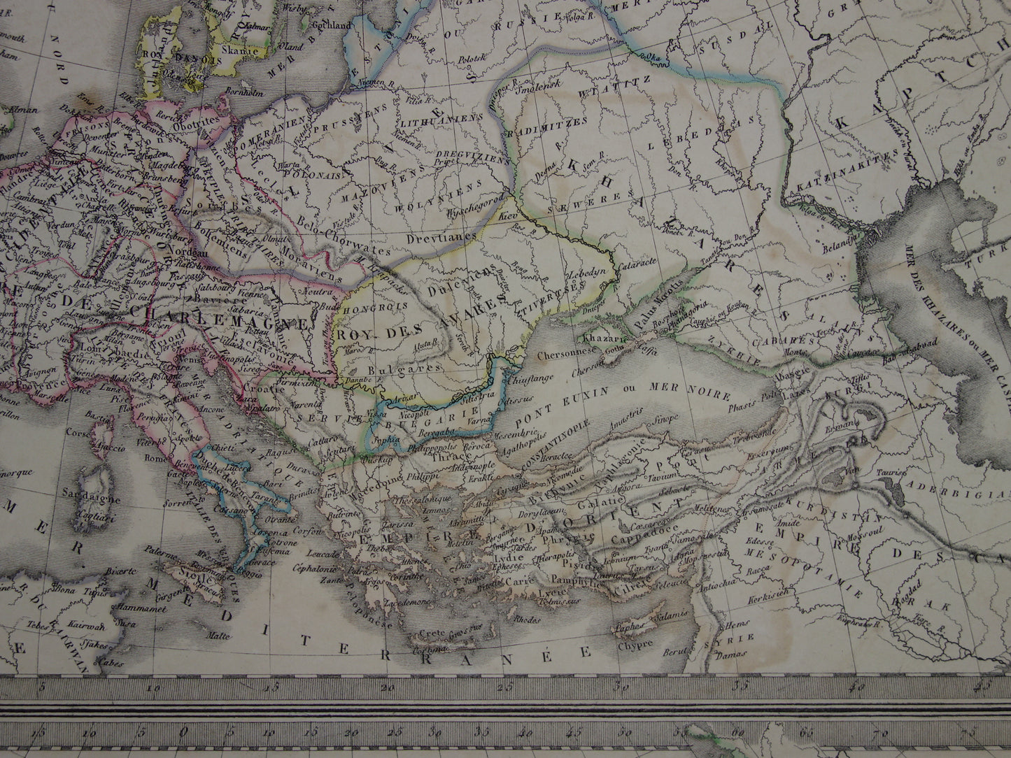 Antique map of Europe at the time of Charlemagne in the year 800 and Emperor Charles V in the year 1500 - original old map from 1851