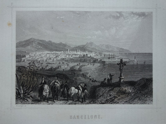 Stadsgezicht van Barcelona uit 1852 antieke print