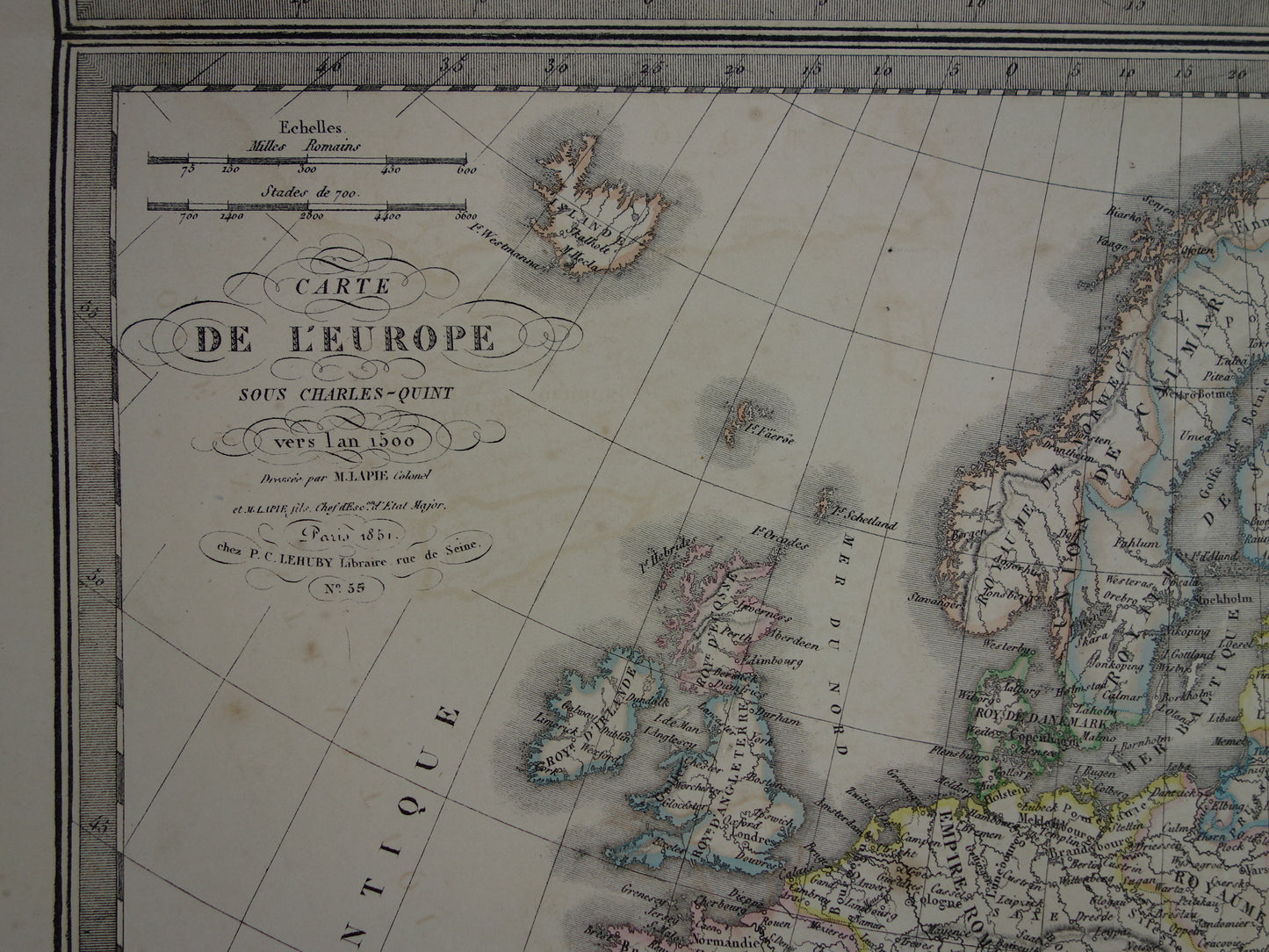 Antique map of Europe at the time of Charlemagne in the year 800 and Emperor Charles V in the year 1500 - original old map from 1851