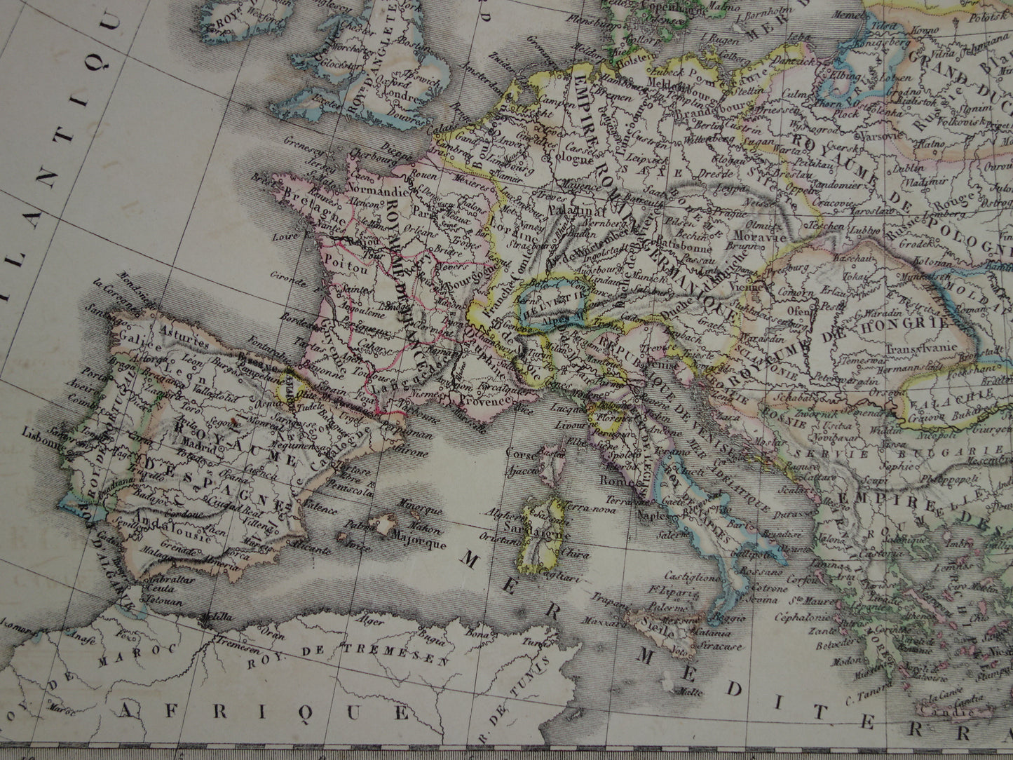 Antique map of Europe at the time of Charlemagne in the year 800 and Emperor Charles V in the year 1500 - original old map from 1851