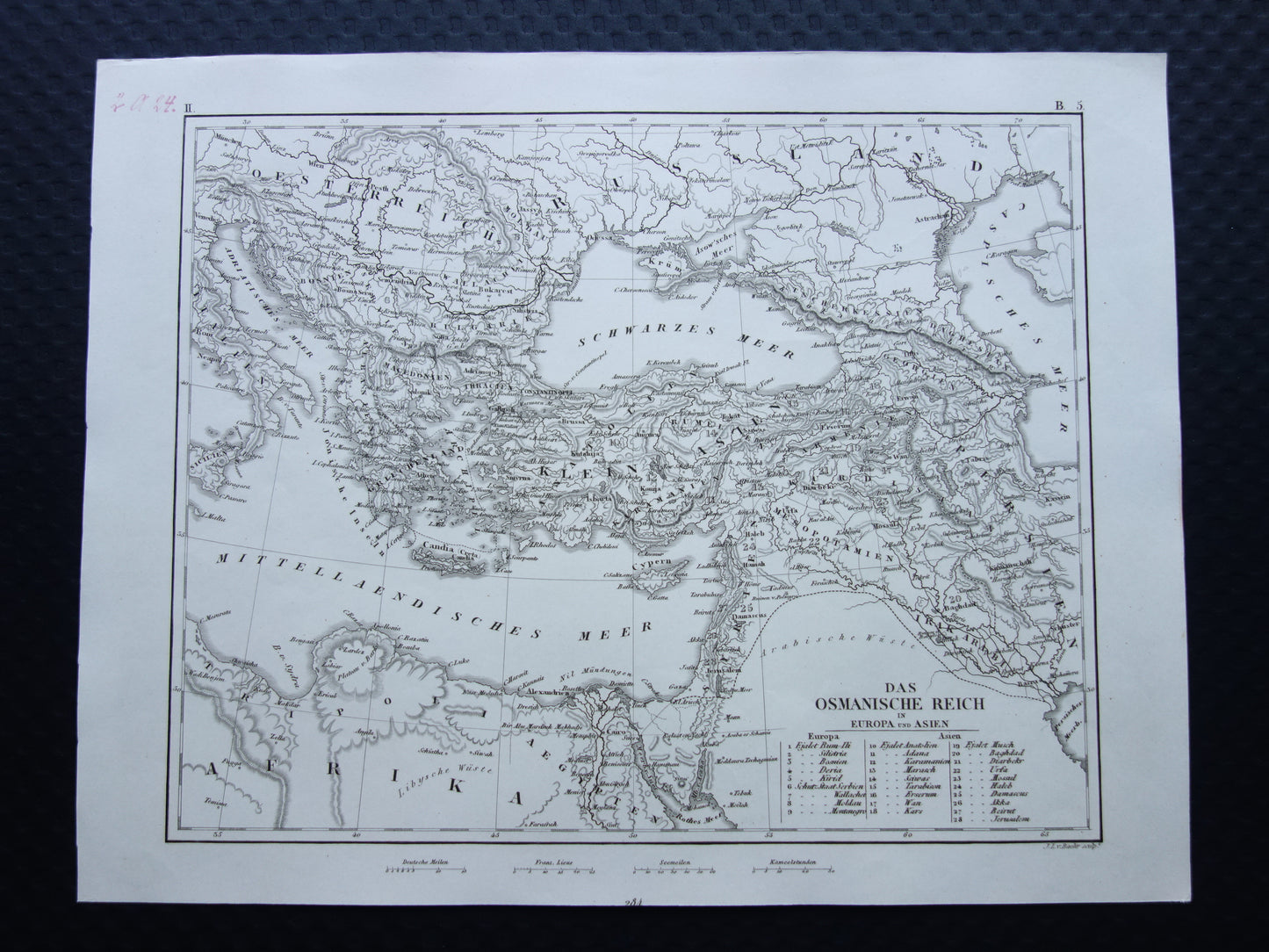 OSMAANSE RIJK Oude landkaart van Turkije uit 1849 historische kaart Ottomaanse Rijk z/w
