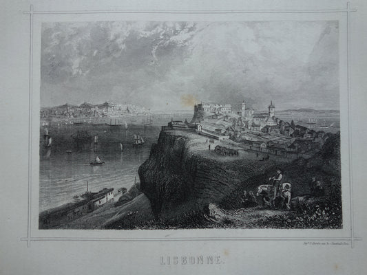 Stadsgezicht van Lissabon uit 1852 antieke print Lissabon