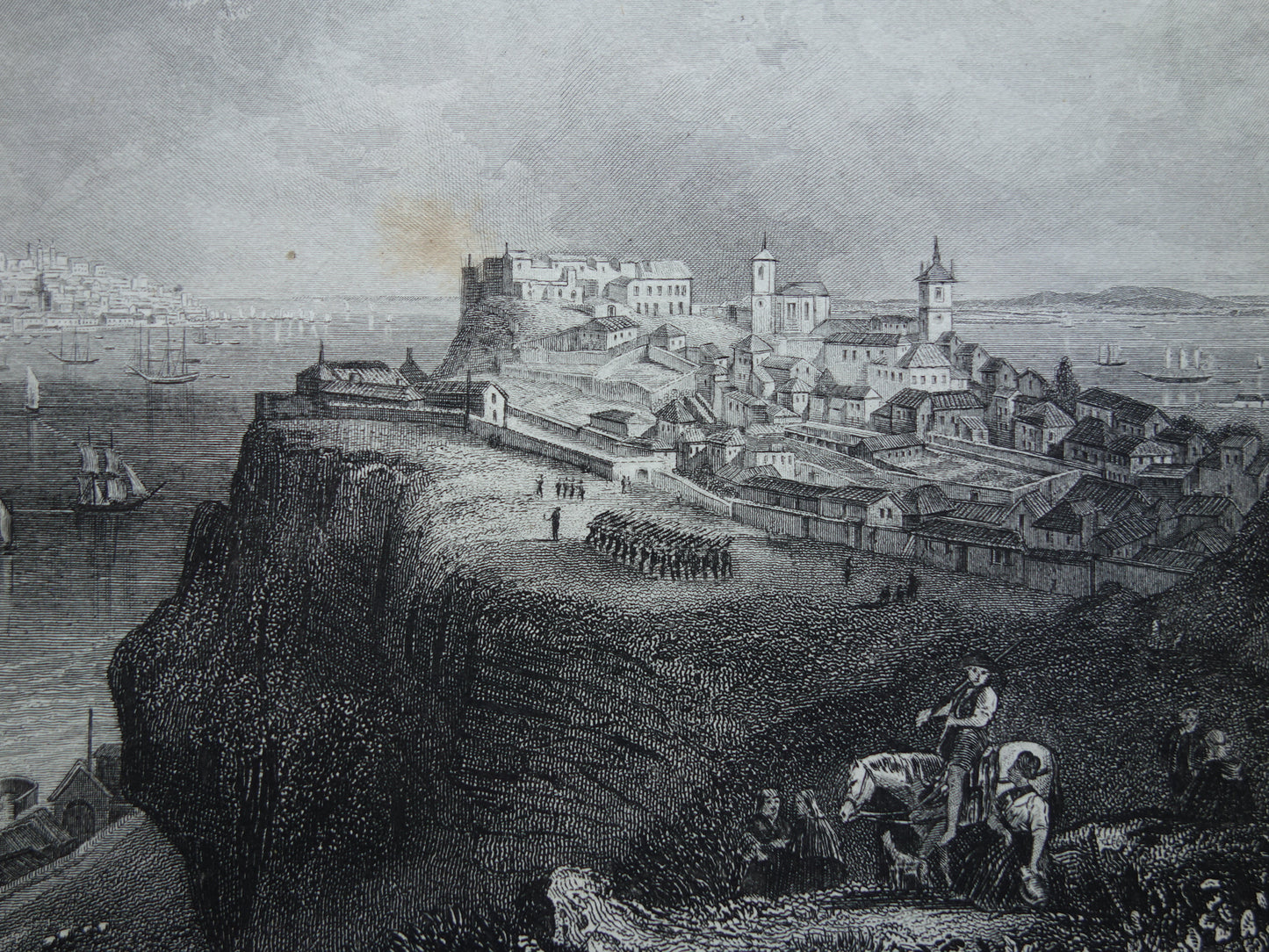 Stadsgezicht van Lissabon uit 1852 antieke print Lissabon