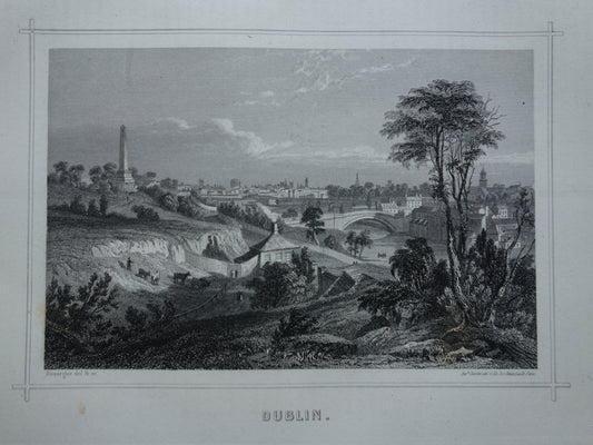 Stadsgezicht van Dublin Ierland uit 1852 antieke print Dublin panorama