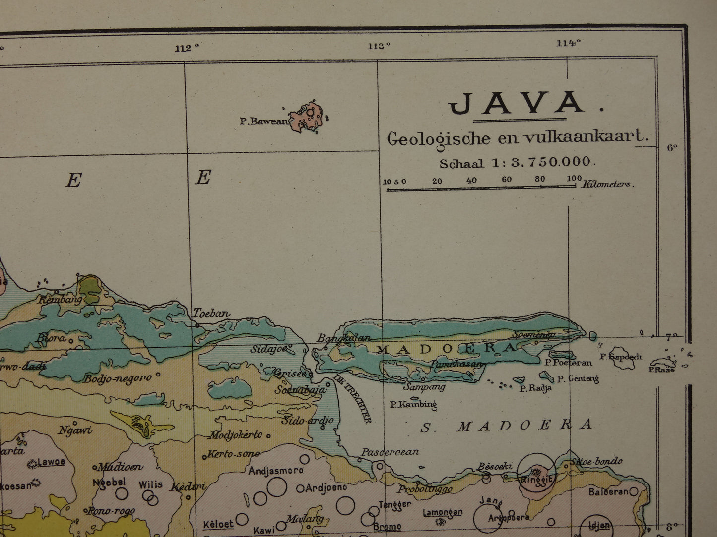 JAVA Antieke Nederlandse kaart van Java uit 1918 oude hoogtekaart landkaart vulkanen